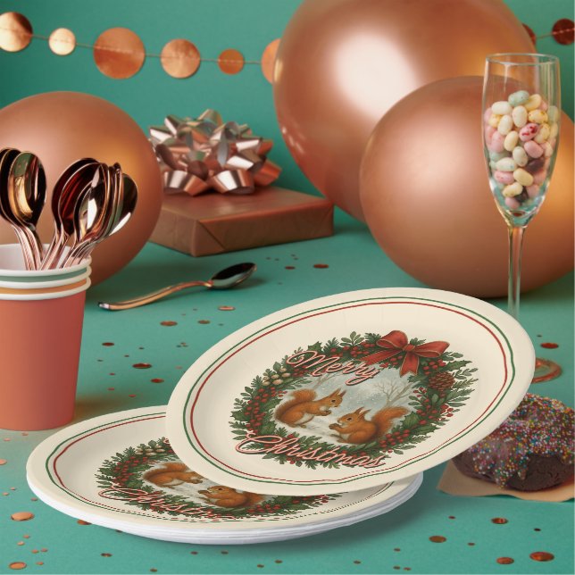Retro English Holiday Wreath With Cute Squirrels Paper Plates (Multi)