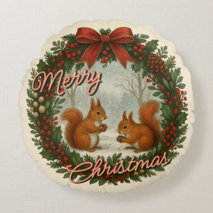 Retro English Holiday Wreath With Cute Squirrels Round Pillow