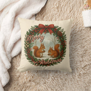 Retro English Holiday Wreath With Cute Squirrels Throw Pillow