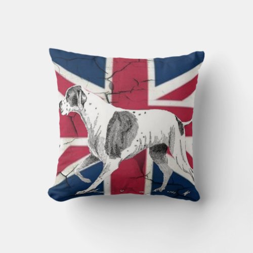 Retro English pointer dog British union jack flag Throw Pillow