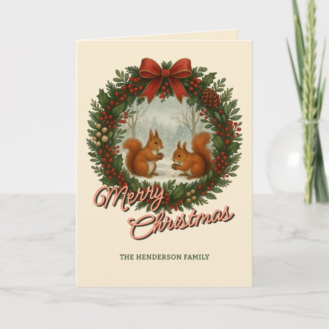 Retro English Wreath With Cute Squirrels Holiday Card (Front)