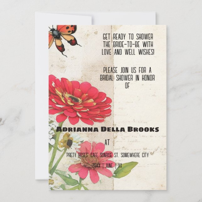 Retro Ephemera Zinnia and Ladybug Bridal Shower Invitation (Front)