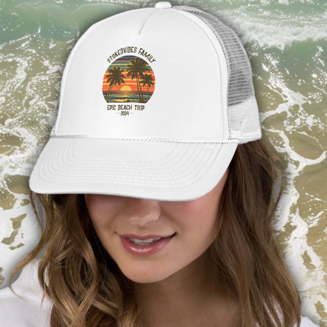 Retro Epic Family Beach Trip Personalized Vacation Trucker Hat (Retro Epic Family Beach Trip Vacation Customizable Personalized Hat Famil Keepsake Momento Gift)