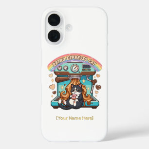 Retro Espresso Cat Coffee Barista Personalized iPhone 16 Case