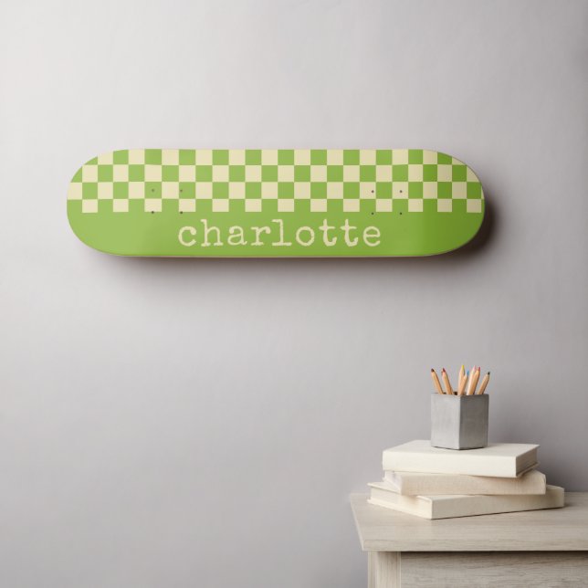 Retro Esthetic Checkerboard Pattern Name Green   Skateboard (Wall Art (Horz))