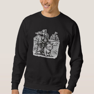 Retro Etching Knight Riding Cat – Medieval Cartoon Sweatshirt