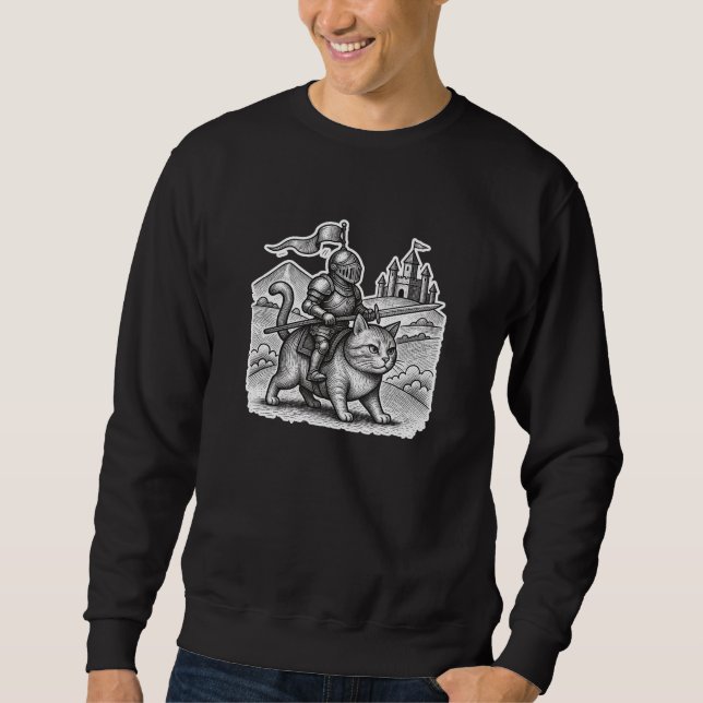 Retro Etching Knight Riding Cat – Medieval Cartoon Sweatshirt (Front)