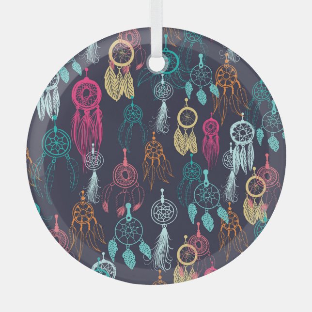 Retro Ethnic Doodle: Dreamcatcher Collection Glass Ornament (Front)