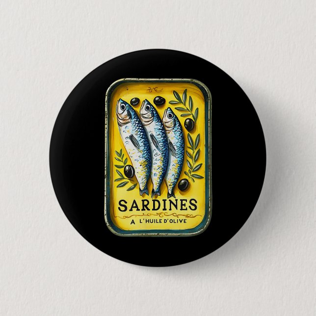 Retro European Yellow Summer Sardine Fish Can  Button (Front)