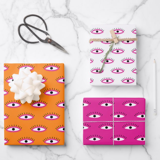 Retro Evil Eye Pattern Pink Orange White BOHO  Wrapping Paper Sheets (Front)