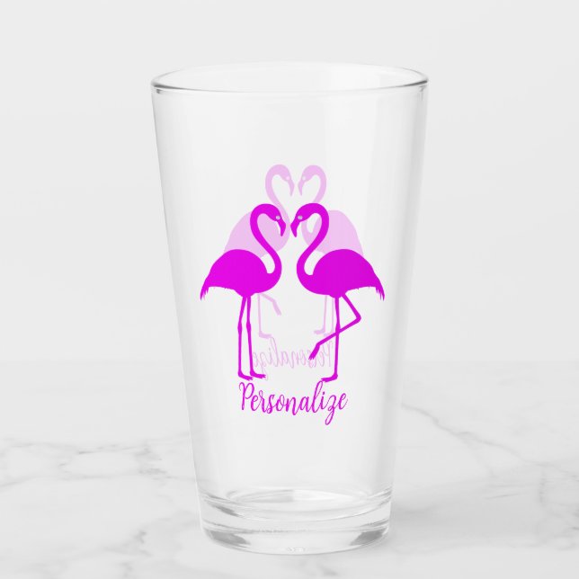 Retro Exotic Pink Flamingo Romantic Heart Design Glass (Front)