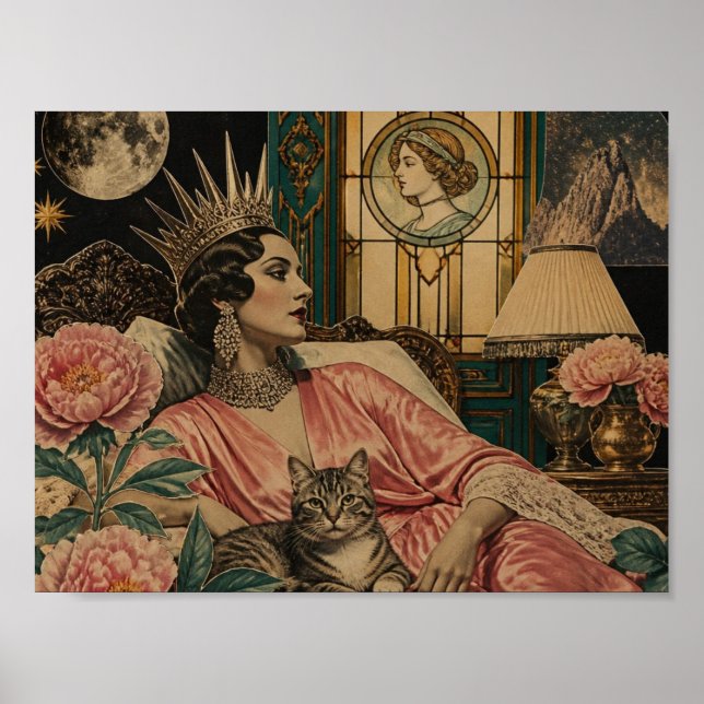 Retro Fairytale Queen and Her Cat in Bed Poster (Front)