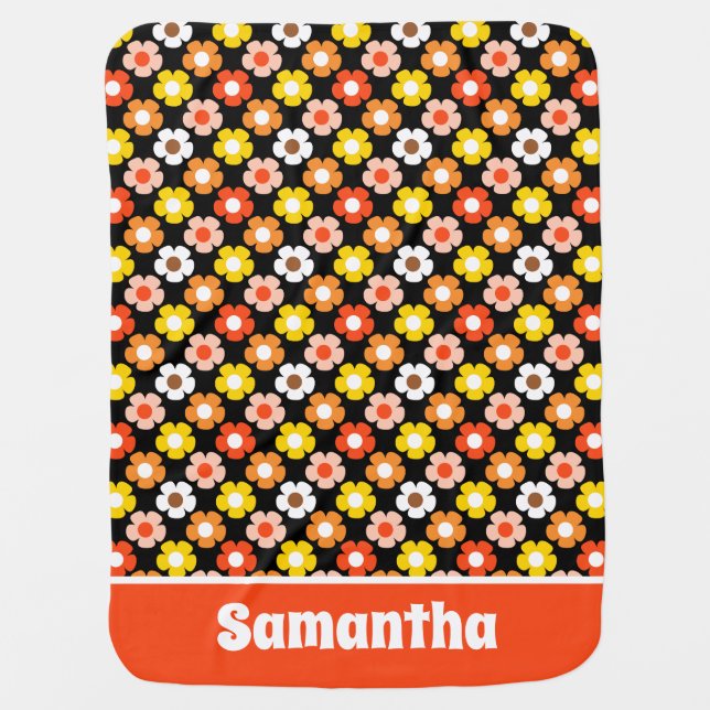 Retro Fall Autumn Flowers Black Baby Blanket (Front)