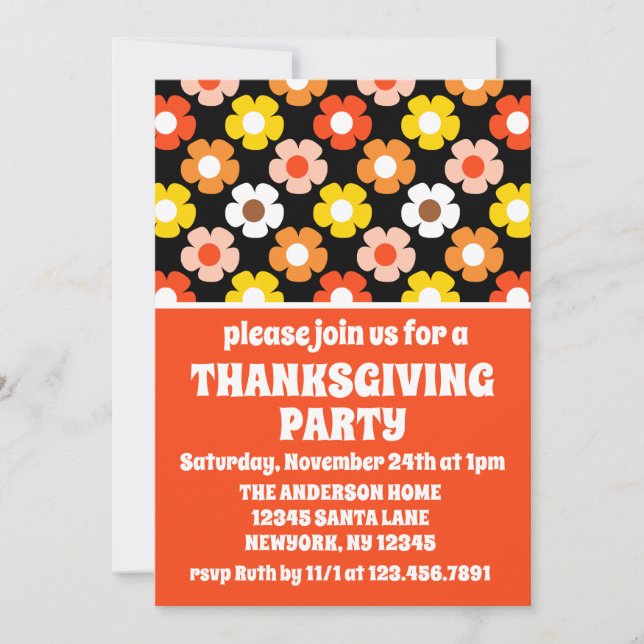 Retro Fall Autumn Flowers Black Thanksgiving Party Invitation (Front)