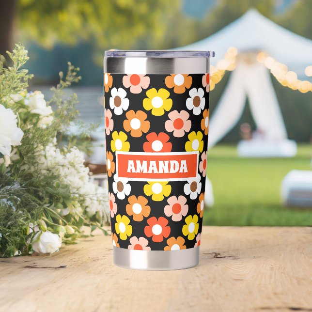 Retro Fall Autumn Flowers Pattern Black Insulated Tumbler (Wedding)