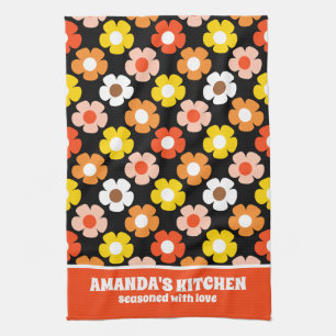 Retro Fall Autumn Flowers Pattern Black Kitchen Towel