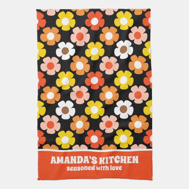 Retro Fall Autumn Flowers Pattern Black Kitchen Towel (Vertical)