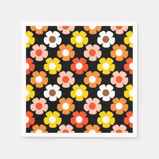 Retro Fall Autumn Flowers Pattern Black Napkins (Front)