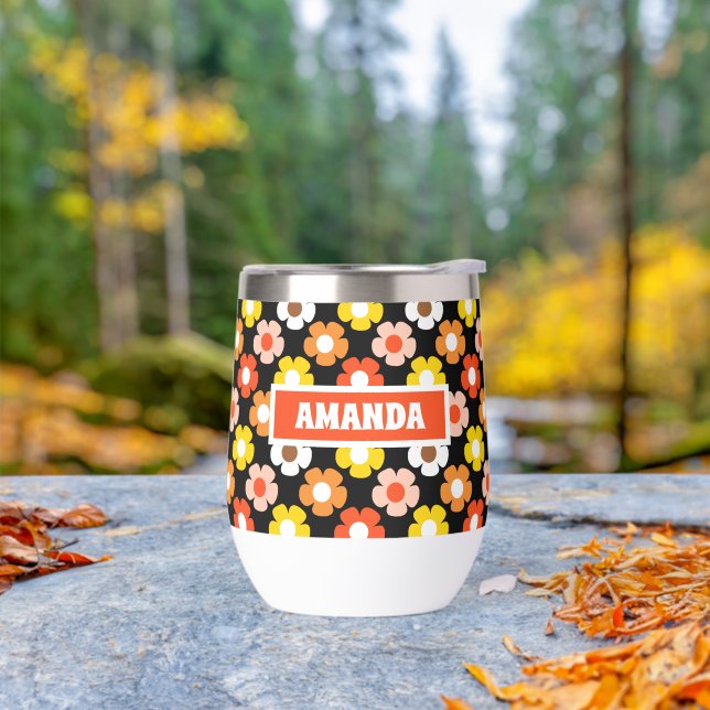 Retro Fall Autumn Flowers Pattern Black Thermal Wine Tumbler (Outdoor)