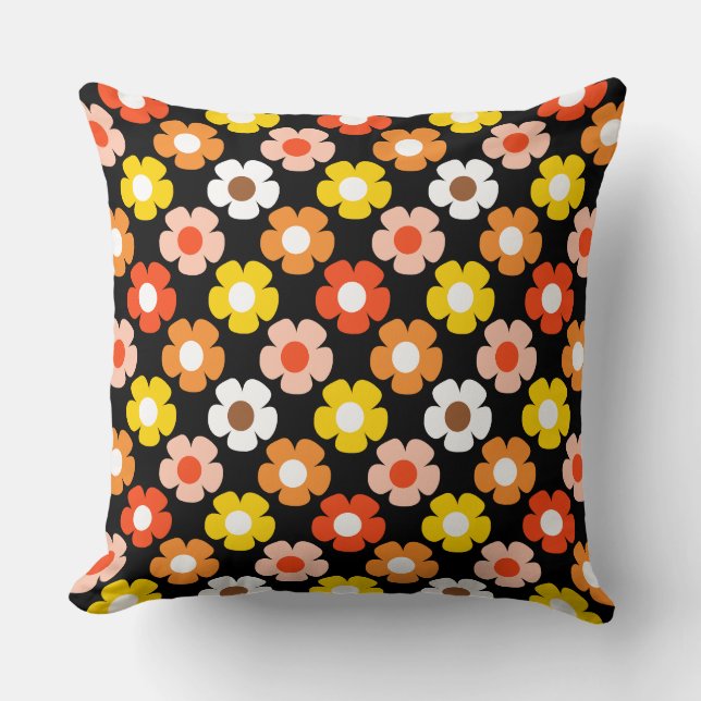 Retro Fall Autumn Flowers Pattern Black  Throw Pillow (Front)