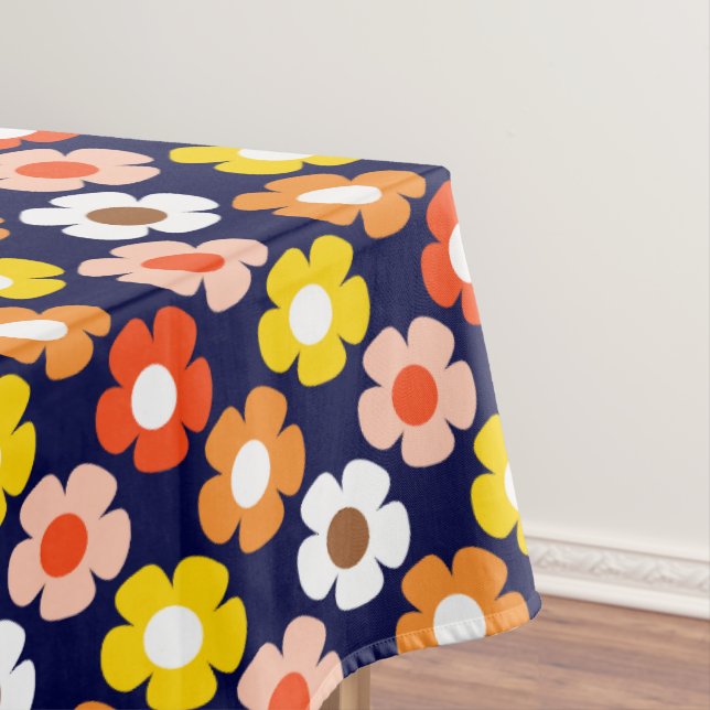 Retro Fall Autumn Flowers Pattern Blue Tablecloth (In Situ)