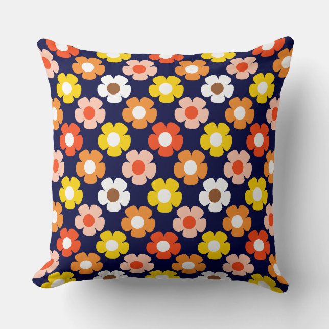 Retro Fall Autumn Flowers Pattern Blue Throw Pillow (Front)