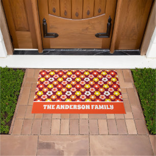 Retro Fall Autumn Flowers Pattern Burgundy Doormat