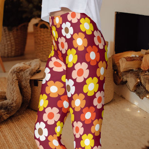 Retro Fall Autumn Flowers Pattern Burgundy Leggings