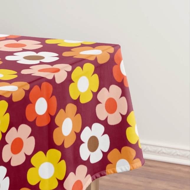 Retro Fall Autumn Flowers Pattern Burgundy Tablecloth (In Situ)