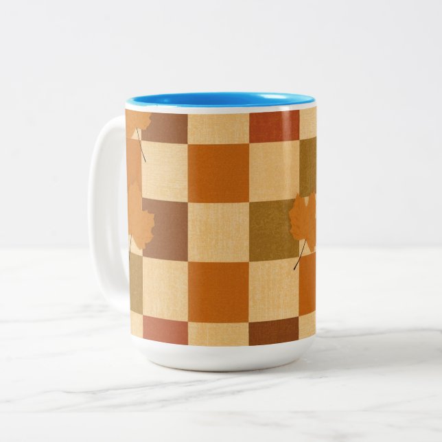 Retro Fall Checkerboard Pumpkin Pattern Two-Tone Coffee Mug (Front Left)