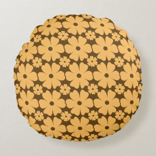 Retro Fall Daisy Floral Pattern Warm Earthy Brown Round Pillow