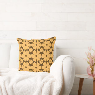 Retro Fall Daisy Floral Pattern Warm Earthy Brown Throw Pillow