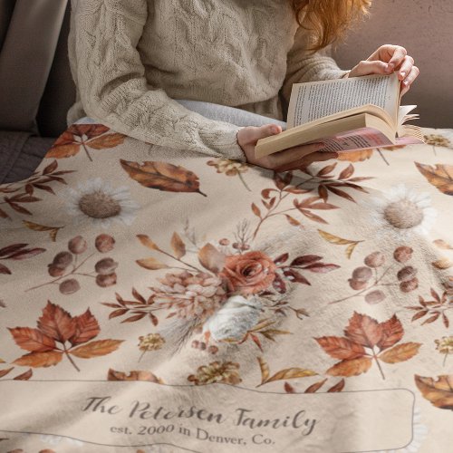 Retro fall floral elegant family name personalized fleece blanket
