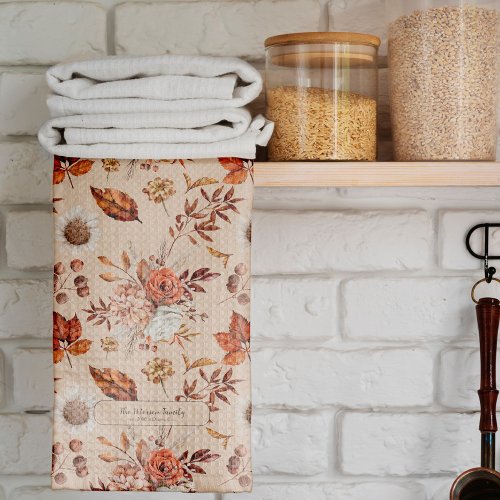 Retro fall floral elegant family name personalized kitchen towel