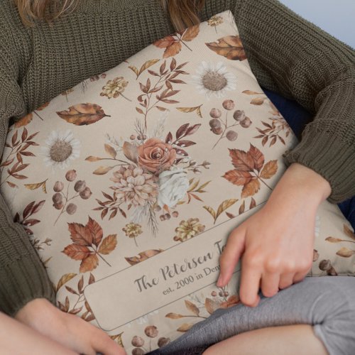 Retro fall floral elegant family name personalized throw pillow