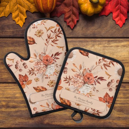 Retro fall floral family name kitchen personalized oven mitt  pot holder set