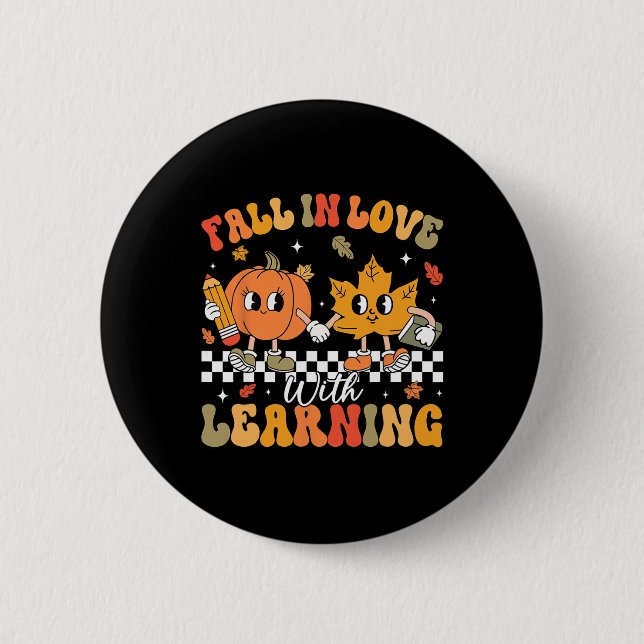 Retro Fall In Love With Learning Autumn Pumpkin Te Button (Front)