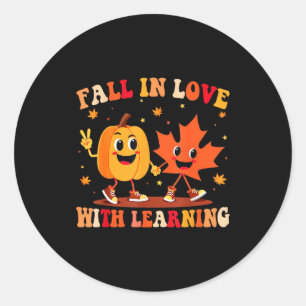 Retro Fall In Love With Learning Autumn Pumpkin Te Classic Round Sticker