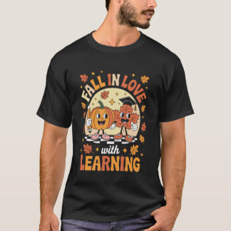 Retro Fall in Love with Learning Pumpkin Leaf Teac T-Shirt