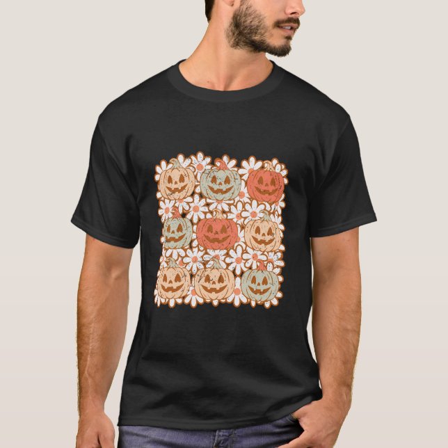 Retro Fall Pumpkin With Flowers Smiling Face Weste T-Shirt (Front)