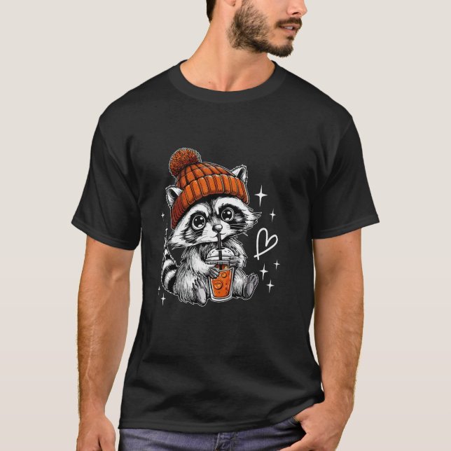 Retro Fall Racoon Coffee Feral Racoon Pumpkin Autu T-Shirt (Front)