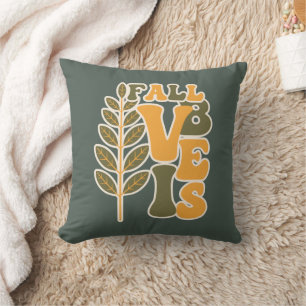 Retro Fall Vibes Sage Green Orange Autumn Leaves Throw Pillow