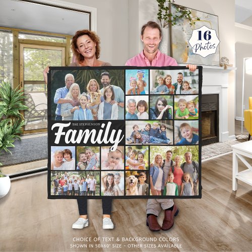 Retro FAMILY 16 Photo Collage Custom Colors Fleece Blanket