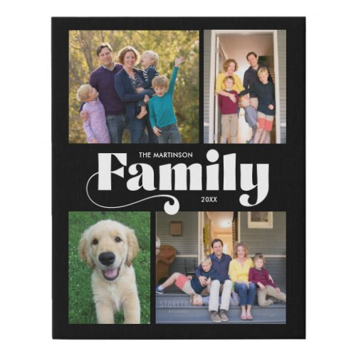 Retro Family 4 Photo Collage Black Faux Canvas Print
