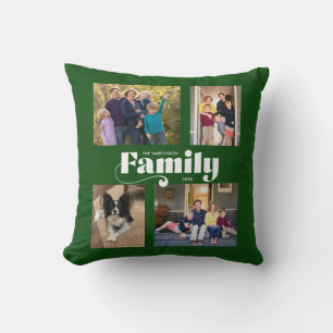 Retro Family 4 Photo Collage Dark Green Throw Pillow