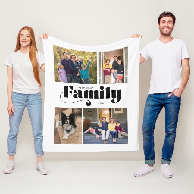 Retro Family 4 Photo Collage Fleece Blanket (In Situ)