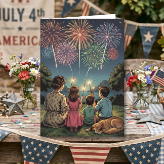 Retro Family and Dog | Happy Fourth of July Card