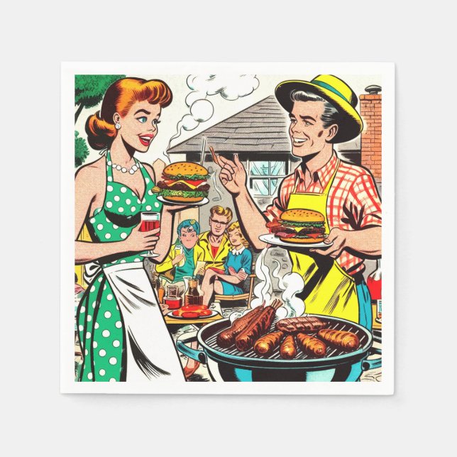 Retro Family Barbecue Comics Illustration Napkins (Front)