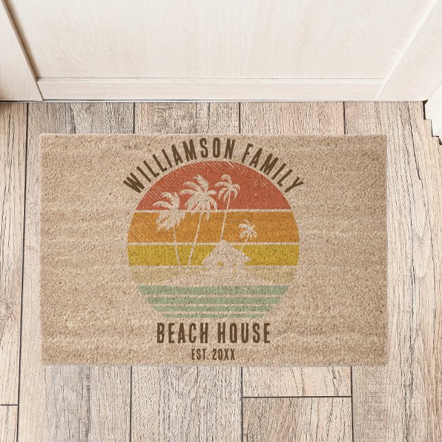 Retro Family Beach House Palm Trees Custom Fiber Doormat (Nautical Family Beach House Palm Trees Retro Coir Doormat)