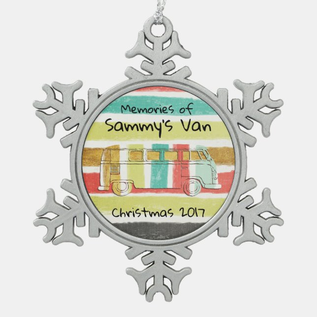 Retro Family Bus with Groovy Stripes Snowflake Pewter Christmas Ornament (Front)